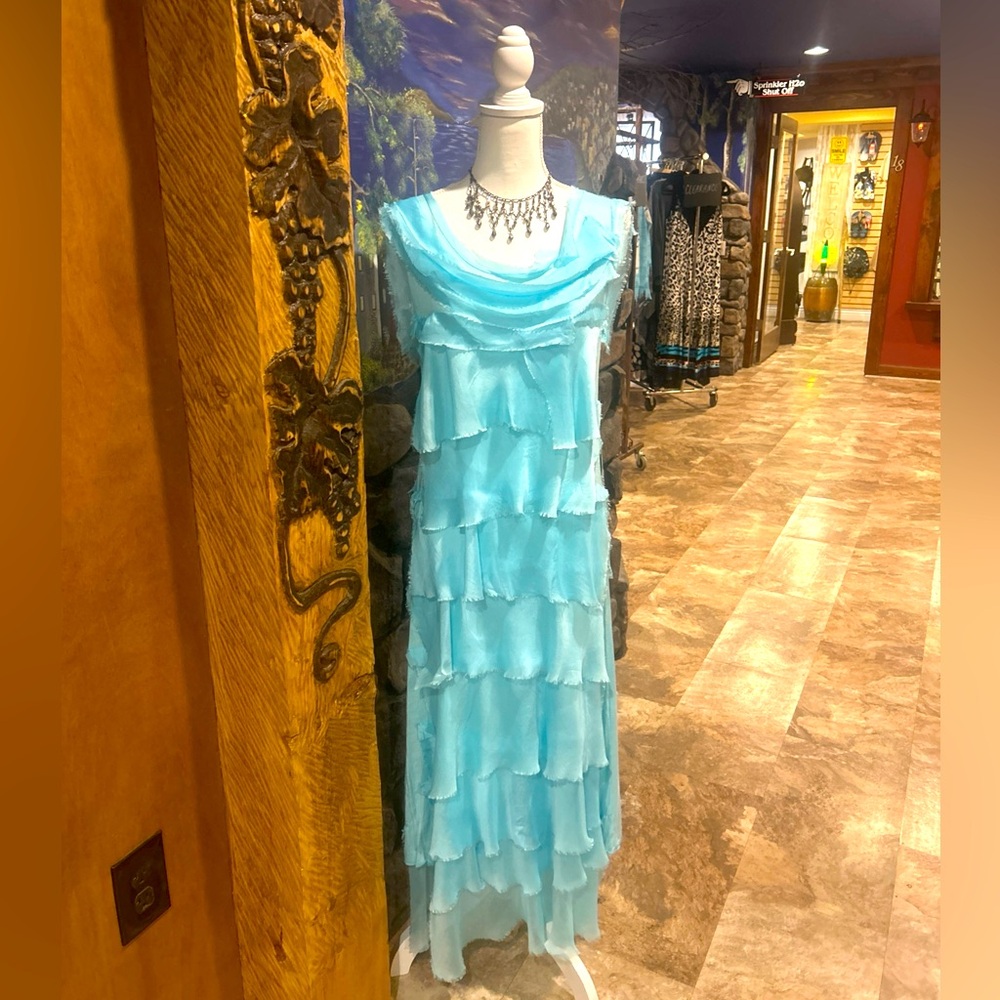 NWT Made in Italy Washable Silk Turquoise Ruffle Maxi Dress OS